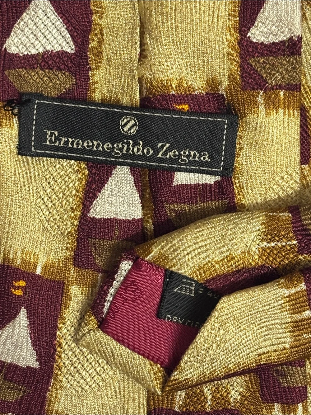 ERMENEGILDO ZENGA Yellow, Tan, & Red Silk Square Pattern Sailboats Tie VINTAGE